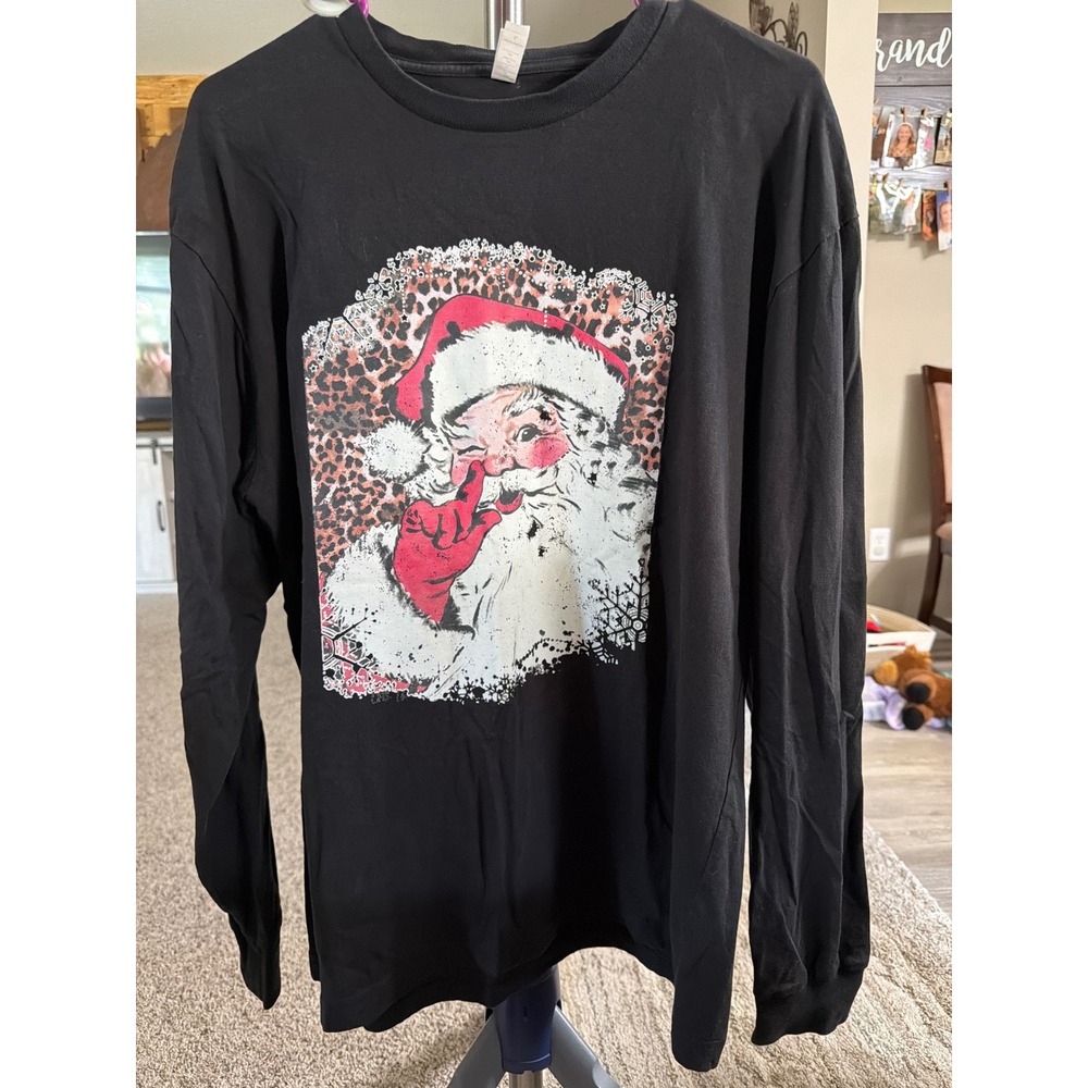 Cotton Heritage Black Santa Claus Leopard Print Long Sleeve Graphic Tee Large